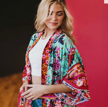 Load image into Gallery viewer, Boho Chic Teal Floral Kimono