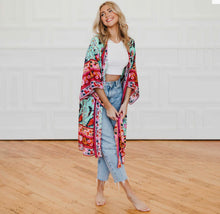 Load image into Gallery viewer, Boho Chic Teal Floral Kimono