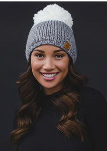 Grey Two Tone Womens Pom Hat