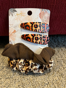 Leopard Scrunchies and Clips Set