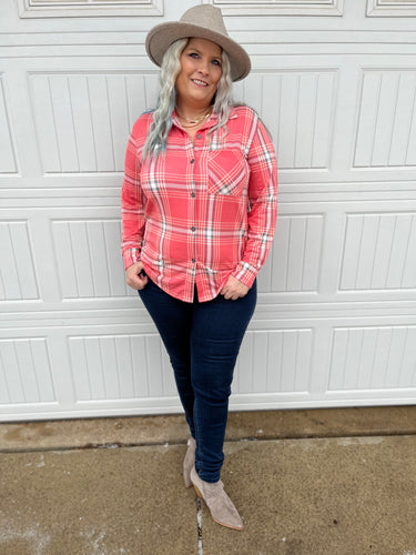 Odessa Coral Plaid Button Down Top