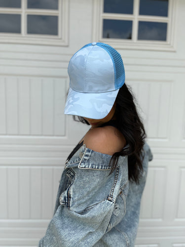 Camo Ponytail Baseball Hat- Blue/Pink